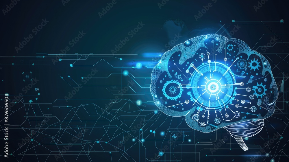 Fototapeta premium High-Tech Human Brain with Mechanical Cogs and Electronic Circuits: Fusion of Human Intelligence and Machine Learning