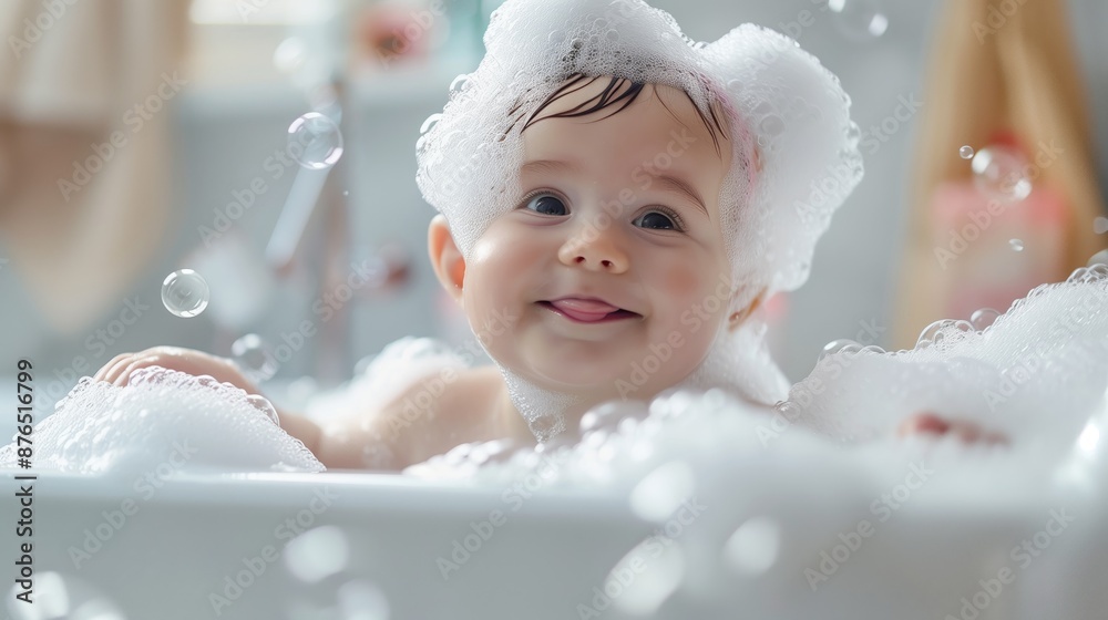 A baby enjoys a bubbly bath, splashing happily with soft toys in a small, cute bathtub.