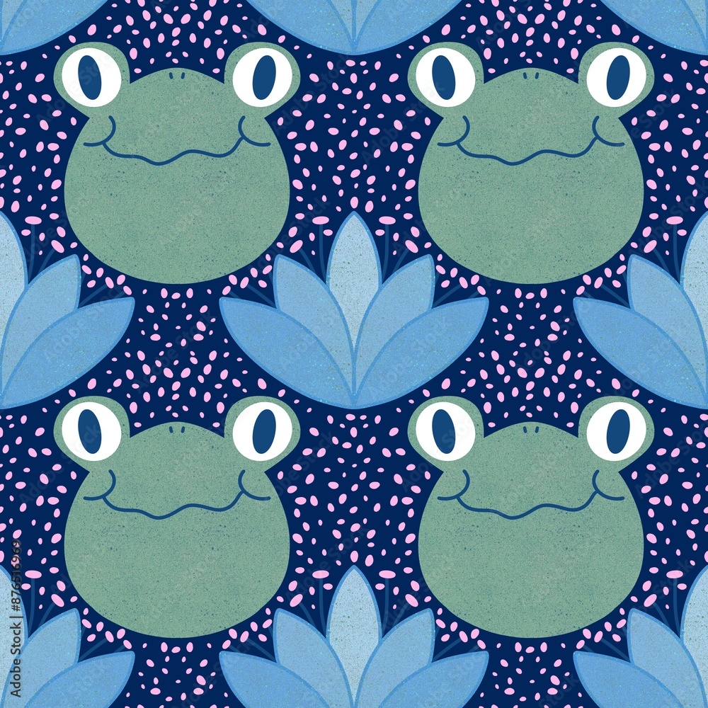 Obraz premium Summer animals seamless frogs and swimming ring pattern for wrapping paper