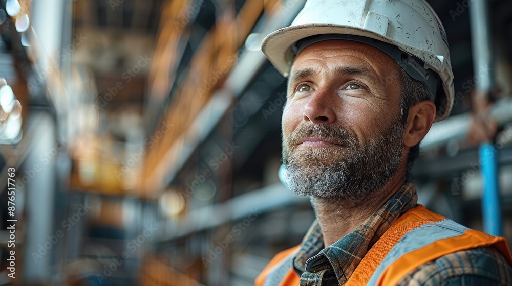A construction site foreman with space above for text. Generative AI. A construction site foreman with space above for text. Generative AI.