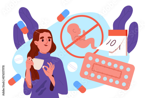 Contraceptive pill concept. Woman with contraception. Preventing unplanned pregnancy. Sex education. Health care and medicine, pharmacy. Flat vector illustration isolated on white background