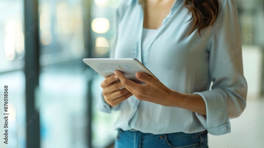 Successful Businesswoman Analyzing Financial Data on Tablet with Copy Space Successful Businesswoman Analyzing Financial Data on Tablet with Copy Space
