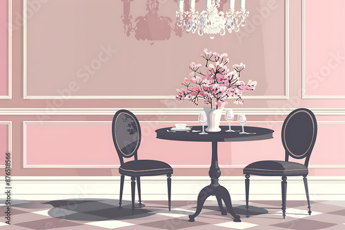 Elegant pink dinning room with black chairs and a vase of cherry blossoms on the table