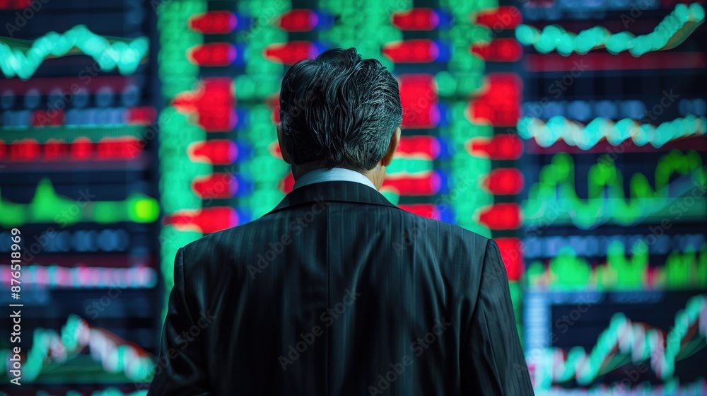 Intense Stock Trader Analyzing Trends on Large Screen in Formal Suit with Copy Space, Financial Market Concept