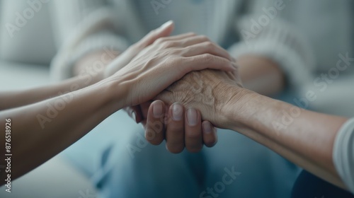 Close-up of supportive hands joining together, symbolizing empathy, unity, and care for one another in a meaningful moment of connection.