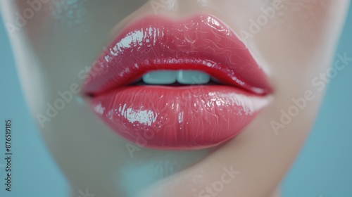Close-up shot of glossy, pink lips against a blue background. Perfect for beauty, makeup, and cosmetic themes.