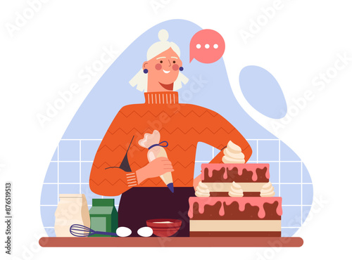 Woman making dessert. Young girl prepares cake at home. Dessert and delicacy. Housewife with homemade pastry and bakery. Eggs and flour. Flat vector illustration isolated on white background
