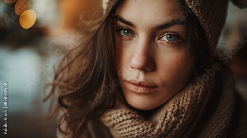 Woman face. Cozy environment. Autumn background