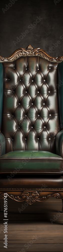 Fototapeta premium Ornate, dark green leather armchair. Rich, luxurious detail.