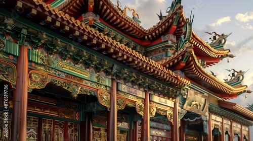 Intricate Asian temple architecture, rich in details and vibrant colors, showcases cultural heritage and skill.