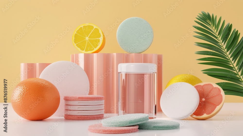 Fototapeta premium Colorful skincare products set with citrus fruits and palm leaf, arranged aesthetically against a pastel background.