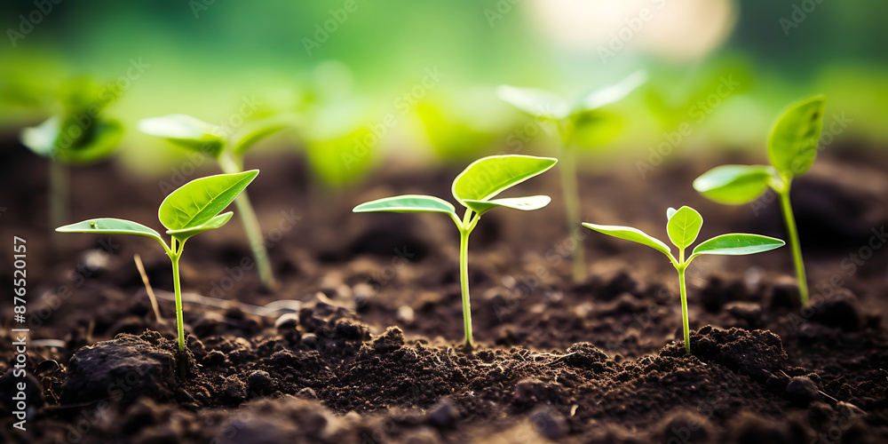 Fototapeta premium Tiny green plants growing strong and healthy in the dirt towards the light