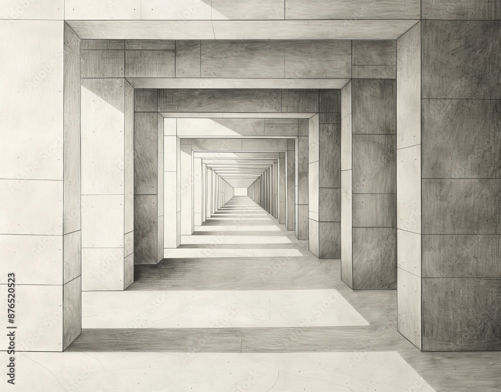 Create a perspective view of a large space with a corner on the right side, viewed directly from the right into the space Create a perspective view of a large space with a corner on the right side, viewed directly from the right into the space