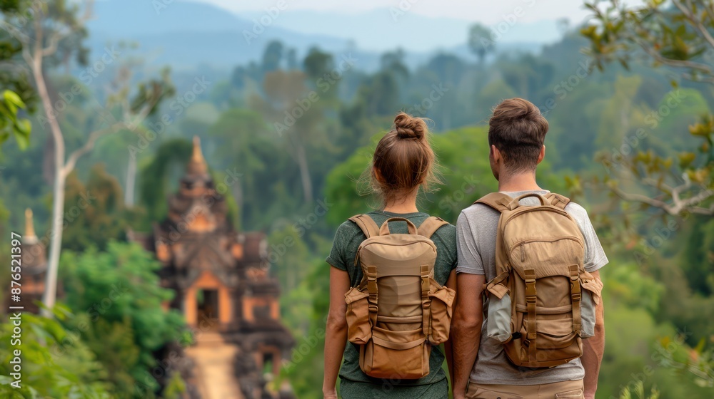 Obraz premium Adventure Couple Discovering Ancient Temple Ruins in Lush Jungle Setting A Journey Through Time and History