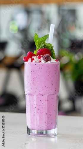 Delicious raspberry smoothie in a glass with whipped cream and fresh berries, perfect for a refreshing drink.