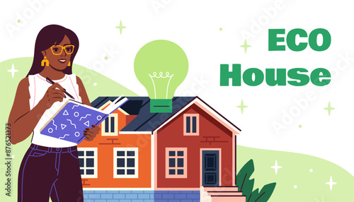ECO house poster. Woman with book near environmentally friendly building. Eco activist and volunteer. Reducing release of harmful waste into atmosphere. Flat vector illustration