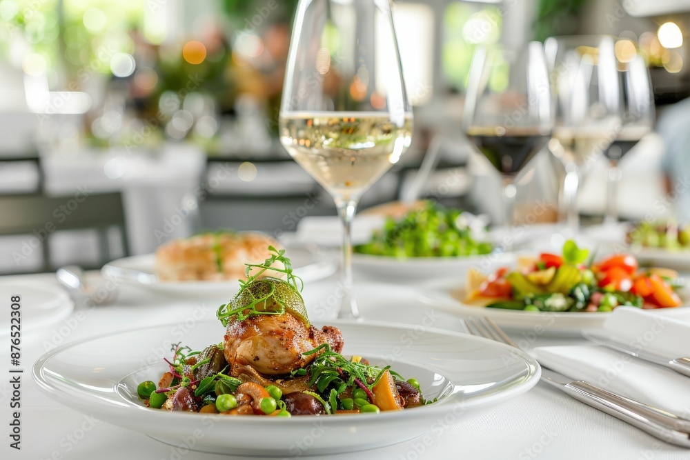 Elegant dining setup with gourmet dishes and wine glasses in a bright, modern restaurant setting. Elegant dining setup with gourmet dishes and wine glasses in a bright, modern restaurant setting.