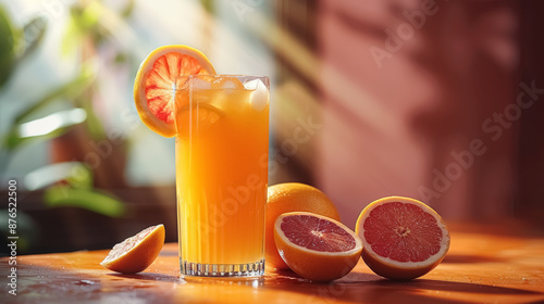 refreshing summer orange juice served with a slice of grapefruit photo