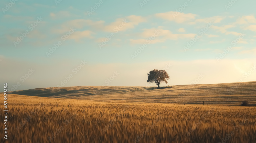 tranquil golden wheat field with a lone tree under a clear sky, symbol of solitude and nature tranquil golden wheat field with a lone tree under a clear sky, symbol of solitude and nature