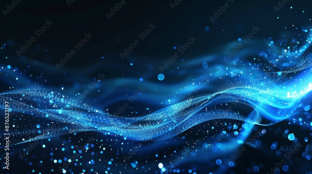 Waves of blue light with sparkles on a dark background create a dynamic ...