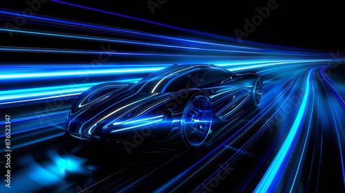 In a dark environment, a sleek, futuristic car speeds through, leaving behind vibrant neon light trails, evoking a feeling of high velocity and technological advancement. photo