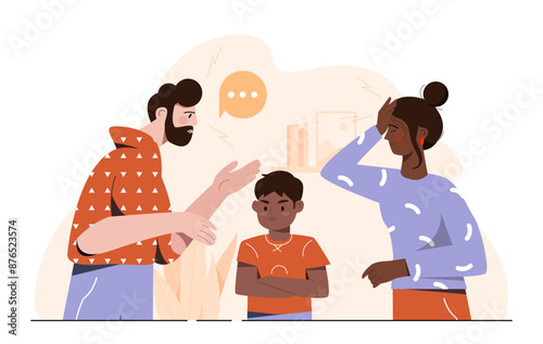 Kid near family quarrel. Mother and father quarrel and shout at each other near their son. Boy near parents scandal. Childhood trauma, negative feelings and emotions. Flat vector illustration