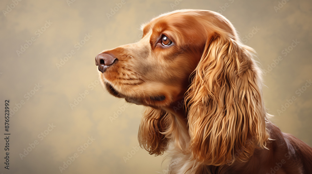 A studio portrait of a cocker spaniel dog with a warm brown coat, looking off to the side with a curious expression on its face. A studio portrait of a cocker spaniel dog with a warm brown coat, looking off to the side with a curious expression on its face.