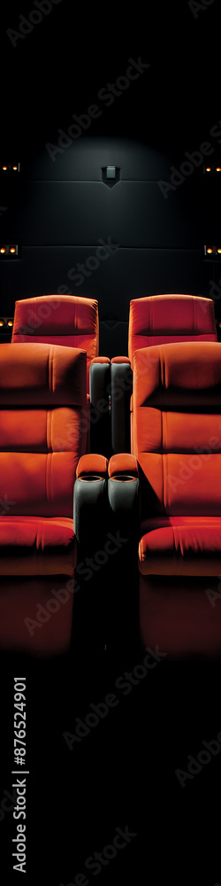 Fototapeta premium Two red plush cinema seats with cupholders in a dark auditorium