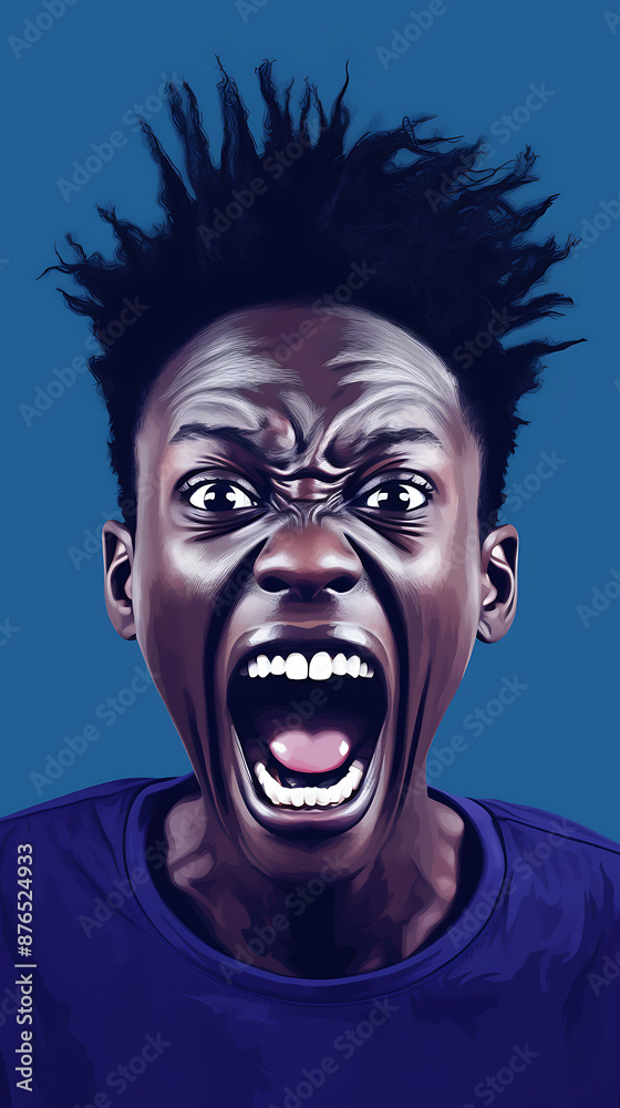 A screaming African man with wild hair and a purple shirt conveys intensity and raw emotion, perfect for illustrating moments of high drama and strong feelings. A screaming African man with wild hair and a purple shirt conveys intensity and raw emotion, perfect for illustrating moments of high drama and strong feelings.