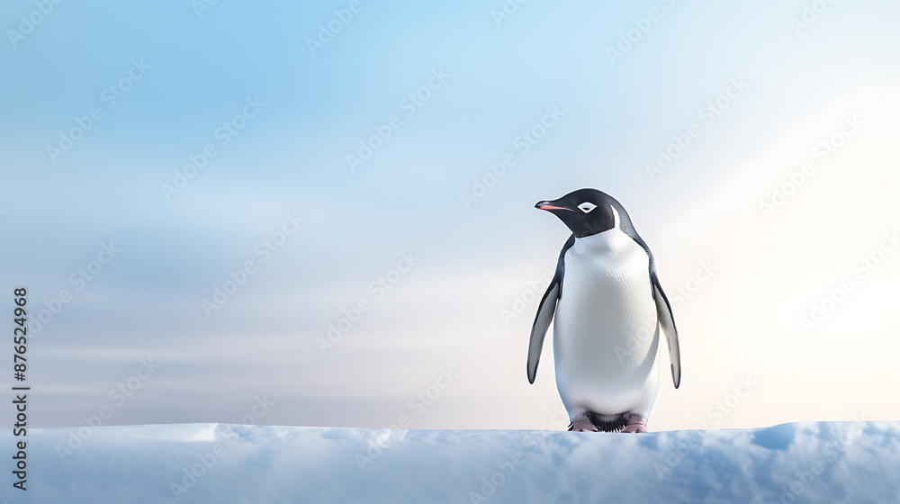 Naklejka premium Adelie penguin standing on ice floe in Antarctica with soft sky background