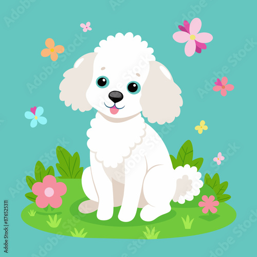 Adorable White French Poodle Puppy on Green Grass