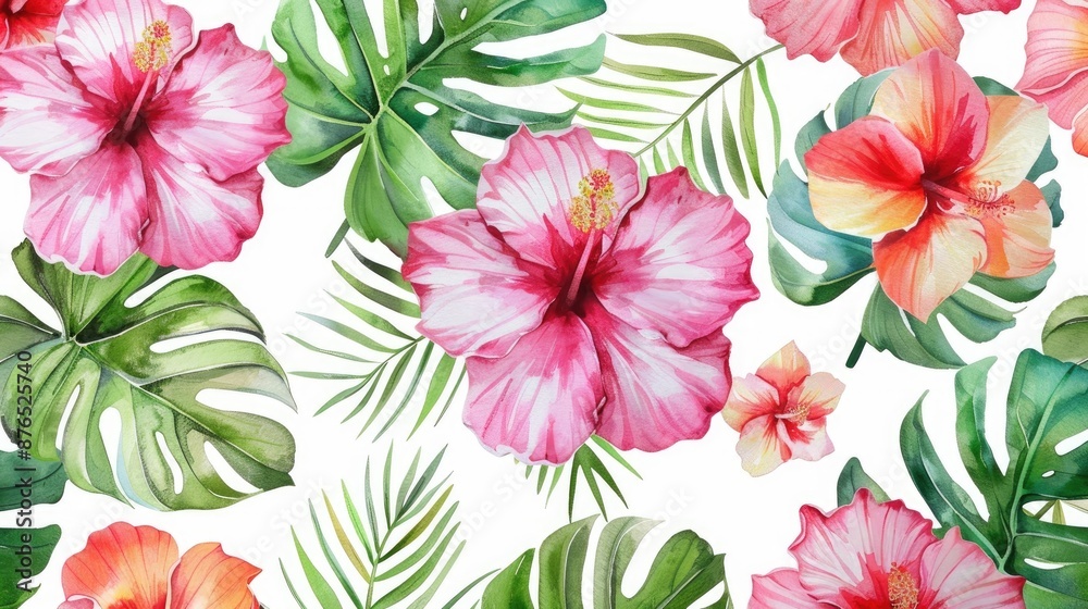 Tropical Watercolor Pattern with Hibiscus Flowers on White Background