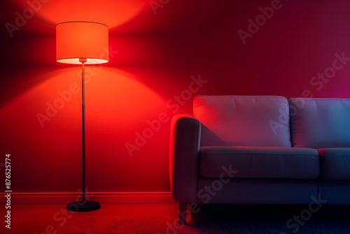  Red modern floor lamp and gray sofa in the dark living room with red and blue neon light