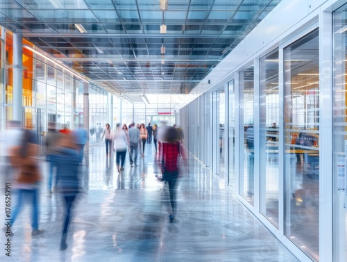 The image depicts a busy office corridor with glass walls on both sides. Blurred figures of people walking create a sense of motion and activity. © VIK