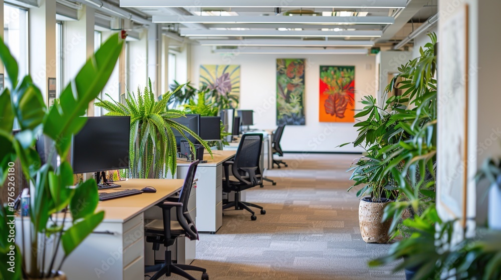 Naklejka premium Inspiring Office Space with Motivational Posters and Plants Encouraging Employee Productivity and Creativity