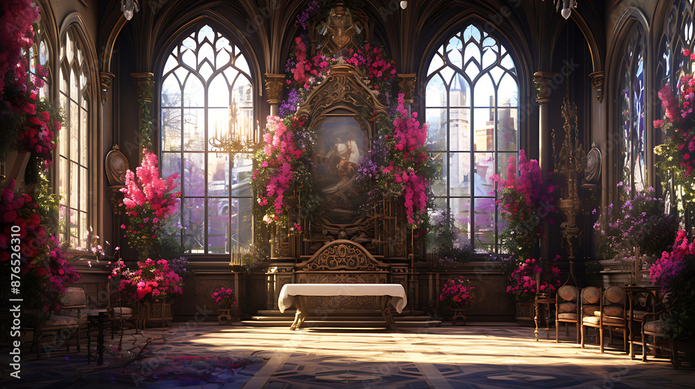 Fototapeta premium ornate fantasy pink flowers blooming in a grand hall with tall arched windows