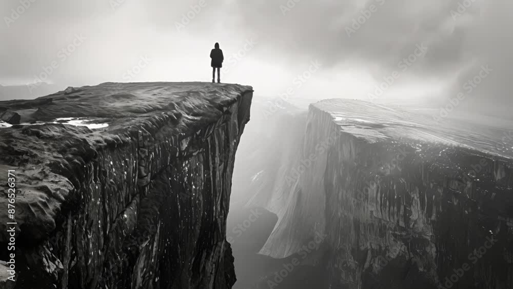 A person stands at the edge of a cliff their back to the camera contemplating the vastness of the landscape before them. Black and white art