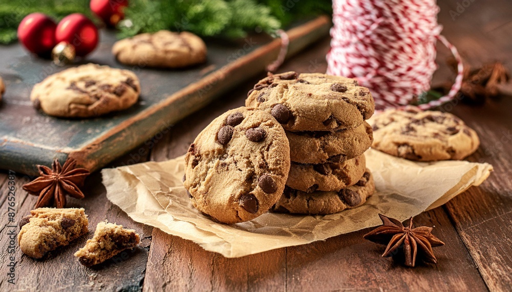 Freshly baked chocolate chip cookies on a rustic wooden table. Freshly baked chocolate chip cookies on a rustic wooden table.