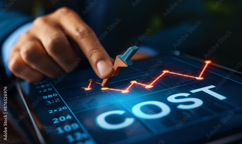 Businessman writing Total Cost on virtual screen graphics social media online advertising icon Cost Analysis Concept Businessman writing Total Cost on virtual screen graphics social media online advertising icon Cost Analysis Concept