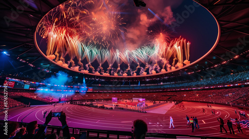 The opening ceremony of the 2024 Olympic Games in Paris, a grand stadium filled with thousands of spectators, colorful fireworks lighting up the night sky photo