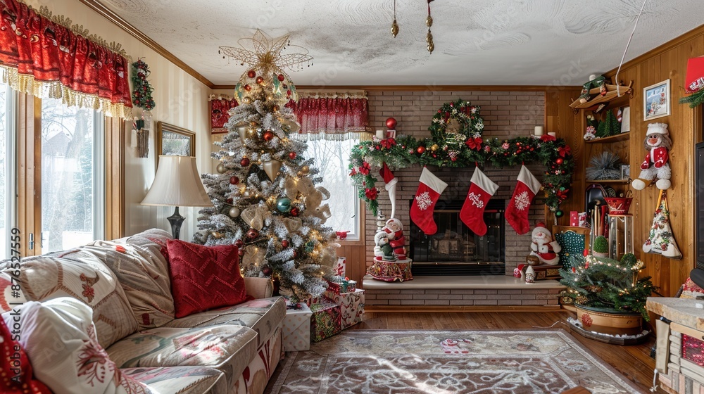 Festive Holiday Cheer in Cozy Christmas Living Room Ambiance with Decorated Tree, Stockings, and Fireplace Festive Holiday Cheer in Cozy Christmas Living Room Ambiance with Decorated Tree, Stockings, and Fireplace