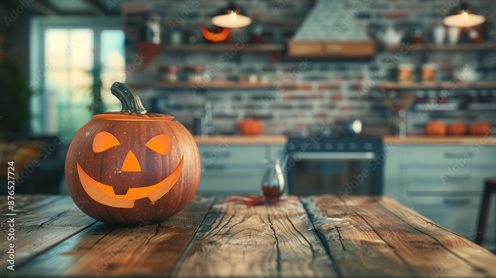Halloween pumpkin on wooden table with blurry kitchen background Halloween pumpkin on wooden table with blurry kitchen background