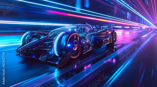 There is an aerodynamic and advanced car driving through a neon-lit environment leaving a trail of blue light behind.