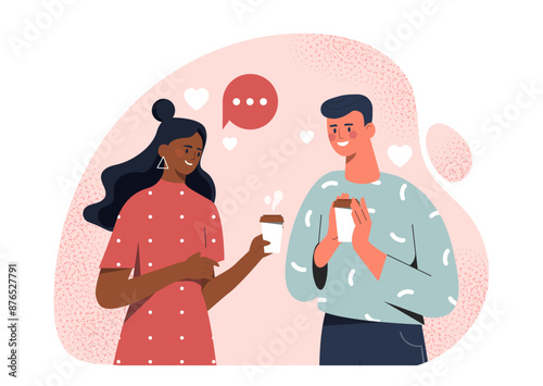 Happy couple drinking coffee. Man and woman with hot drinks in hands. Romantic date in coffee shop. People with americano or cappuccino. Flat vector illustration isolated on white background