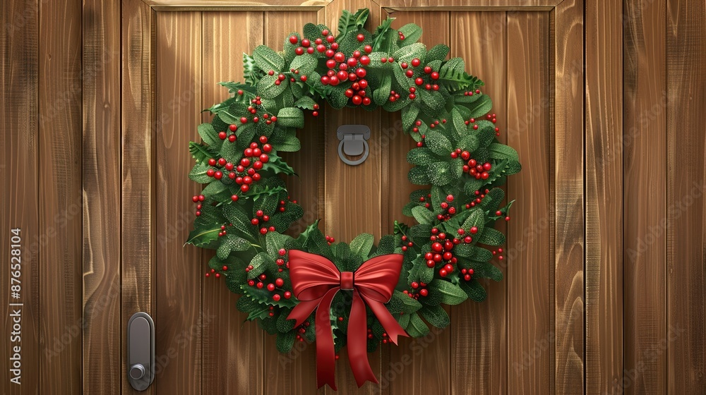 Festive Christmas Wreath on Wooden Door with Red Berries and Bow, Ready for Customized Message of Warmth and Welcome Festive Christmas Wreath on Wooden Door with Red Berries and Bow, Ready for Customized Message of Warmth and Welcome