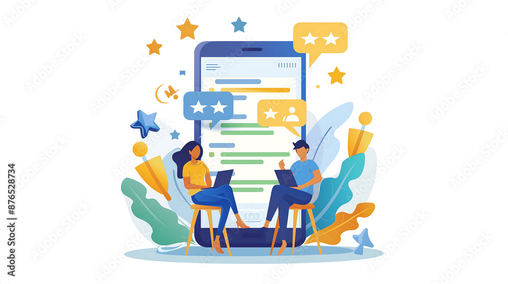 vector flat illustration of online customer service, two people sitting in front of a big phone with chat bubbles and star forms on a white background. 