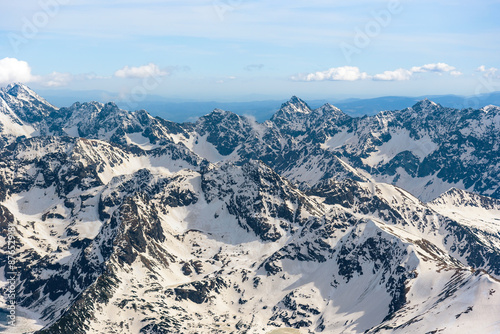 Fototapeta Naklejka Na Ścianę i Meble -  Aerial view of snow capped Tatra mountains