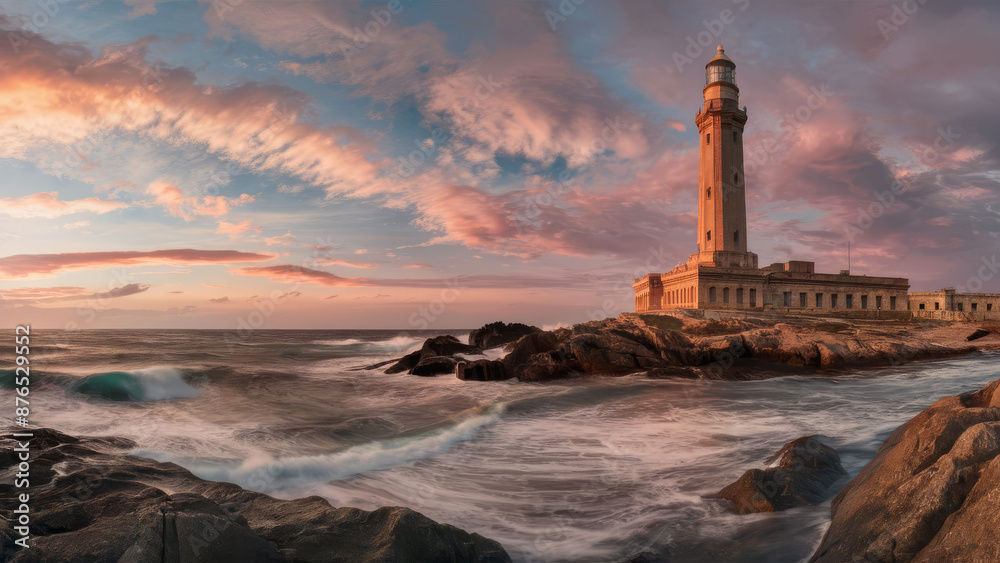 a towering, classic lighthouse standing tall on a rocky outcrop. The waves crash against the rocks a towering, classic lighthouse standing tall on a rocky outcrop. The waves crash against the rocks
