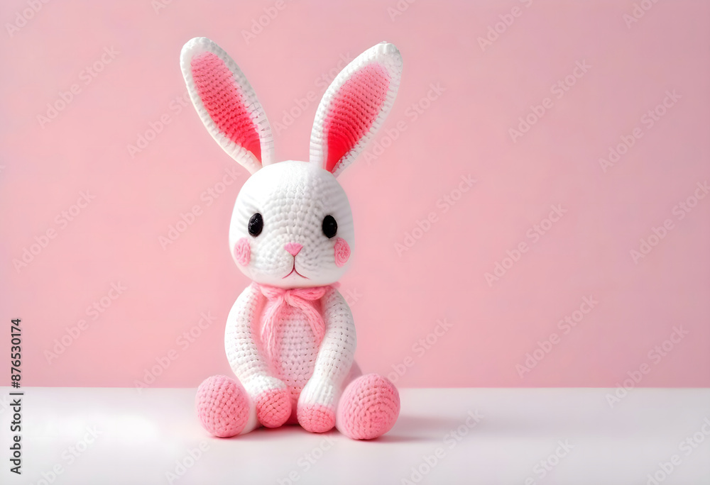 Handcrafted and adorable crochet sitting pink and white bunny on pink background Handcrafted and adorable crochet sitting pink and white bunny on pink background