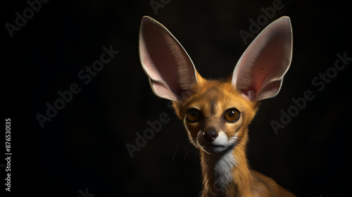 Cute Fennec fox kit with big ears looking curiously at the camera with a dark background photo